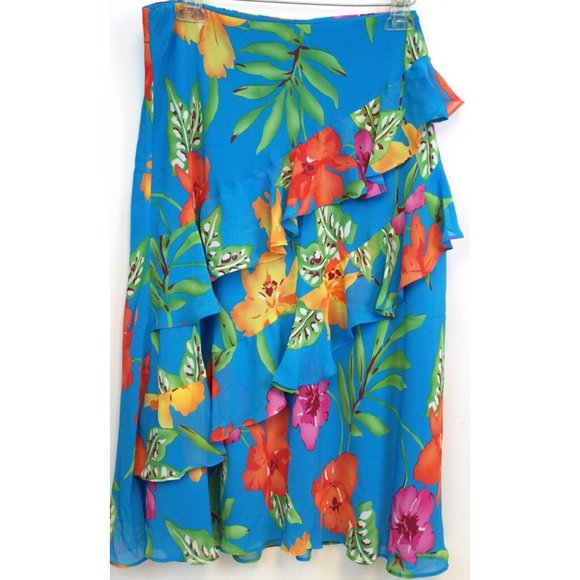 NWT CHAPS Woman Tropical Floral Ruffles Long Flowy Skirt Size XL Elastic Waist - Picture 2 of 9